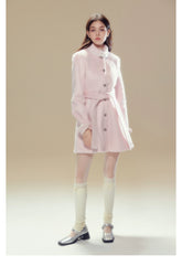 Pink Wool Lace Trim Waist Belted Coat - CHINASQUAD