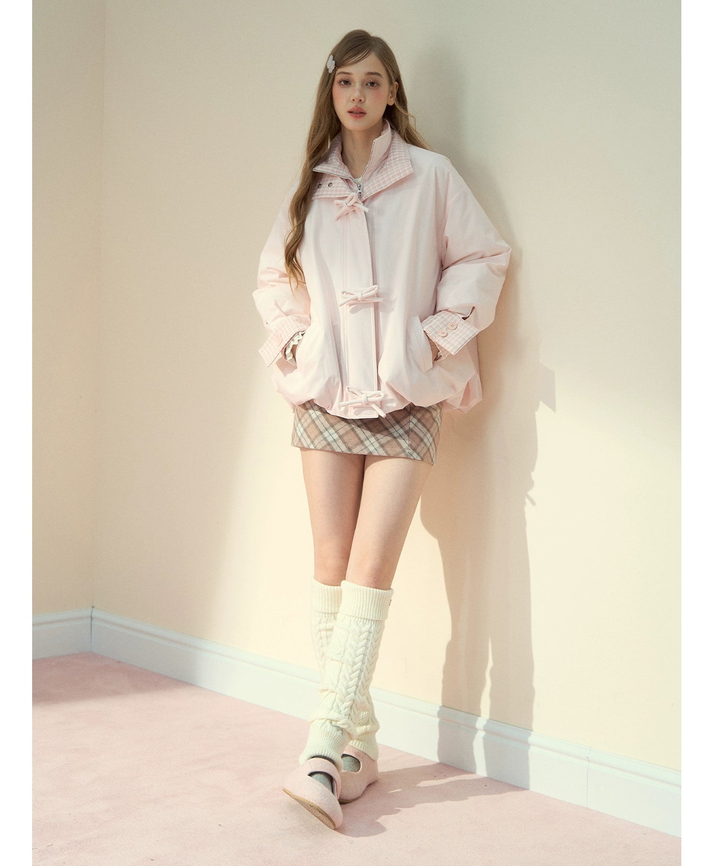 Pink Bow Check Down Jacket