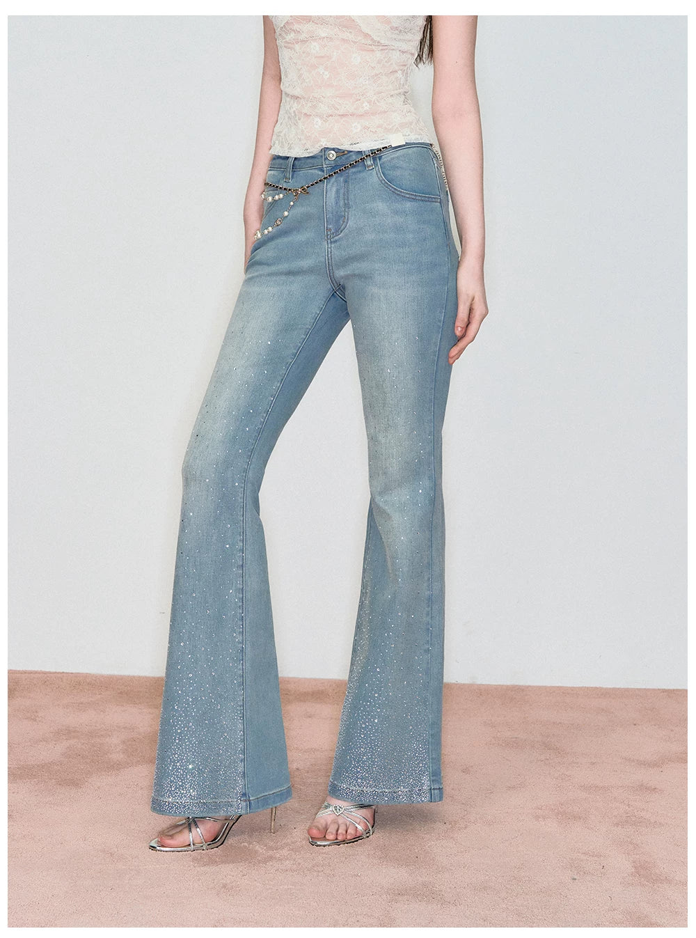 Vintage Rhinestone-Embellished Flared Denim Jeans