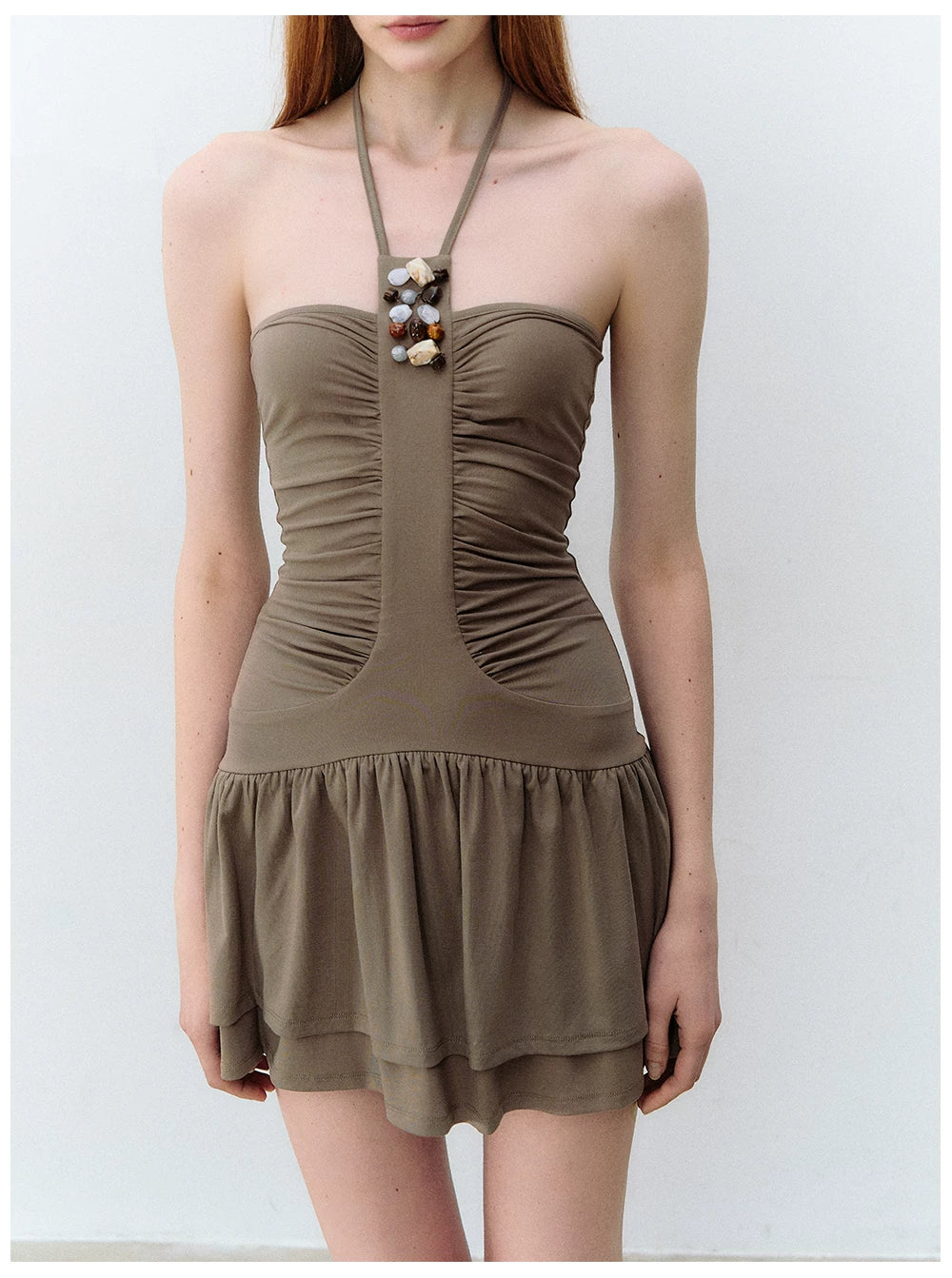 Draped Tencel Halter Neck Beaded Waist Dress