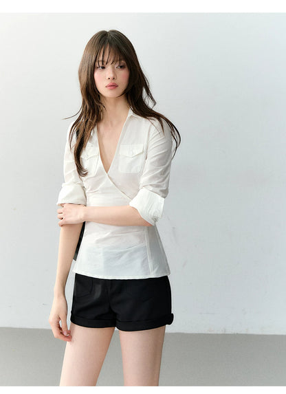 Wrapped V-Neck Plaid Shirt
