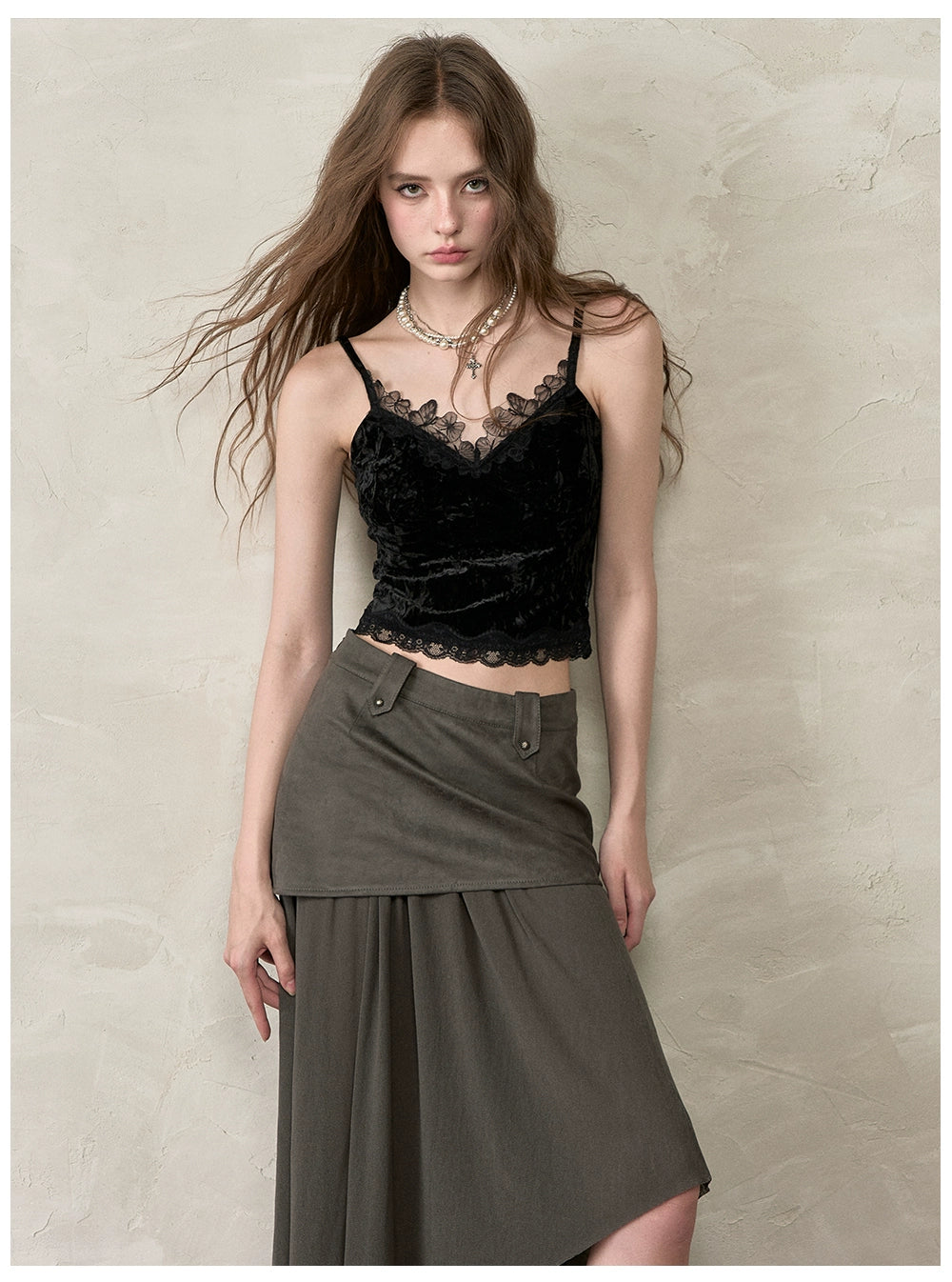 Velvet &amp; Lace Spliced Slim-Fit Camisole