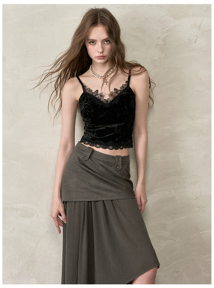 Velvet &amp; Lace Spliced Slim-Fit Camisole