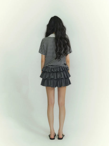 Tie-Neck Sailor Collar Striped Short Sleeve T-Shirt