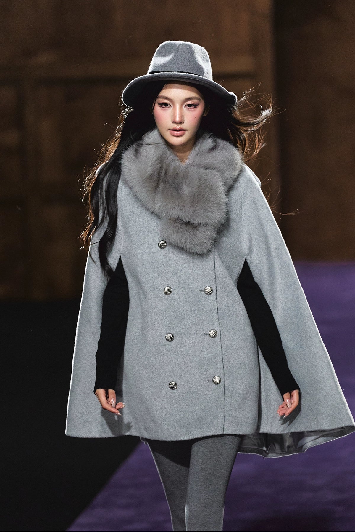 Wool-Blend Detachable Fur-Collar Cape Coat