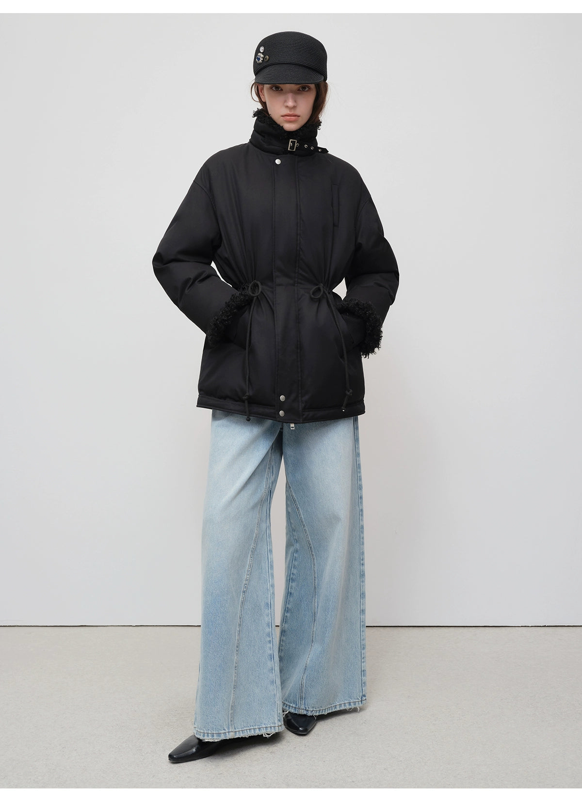 Black Longline Fleece Collar Windbreaker