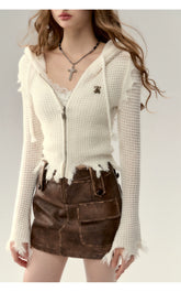 Fringe Waffle-Knit Cardigan - CHINASQUAD