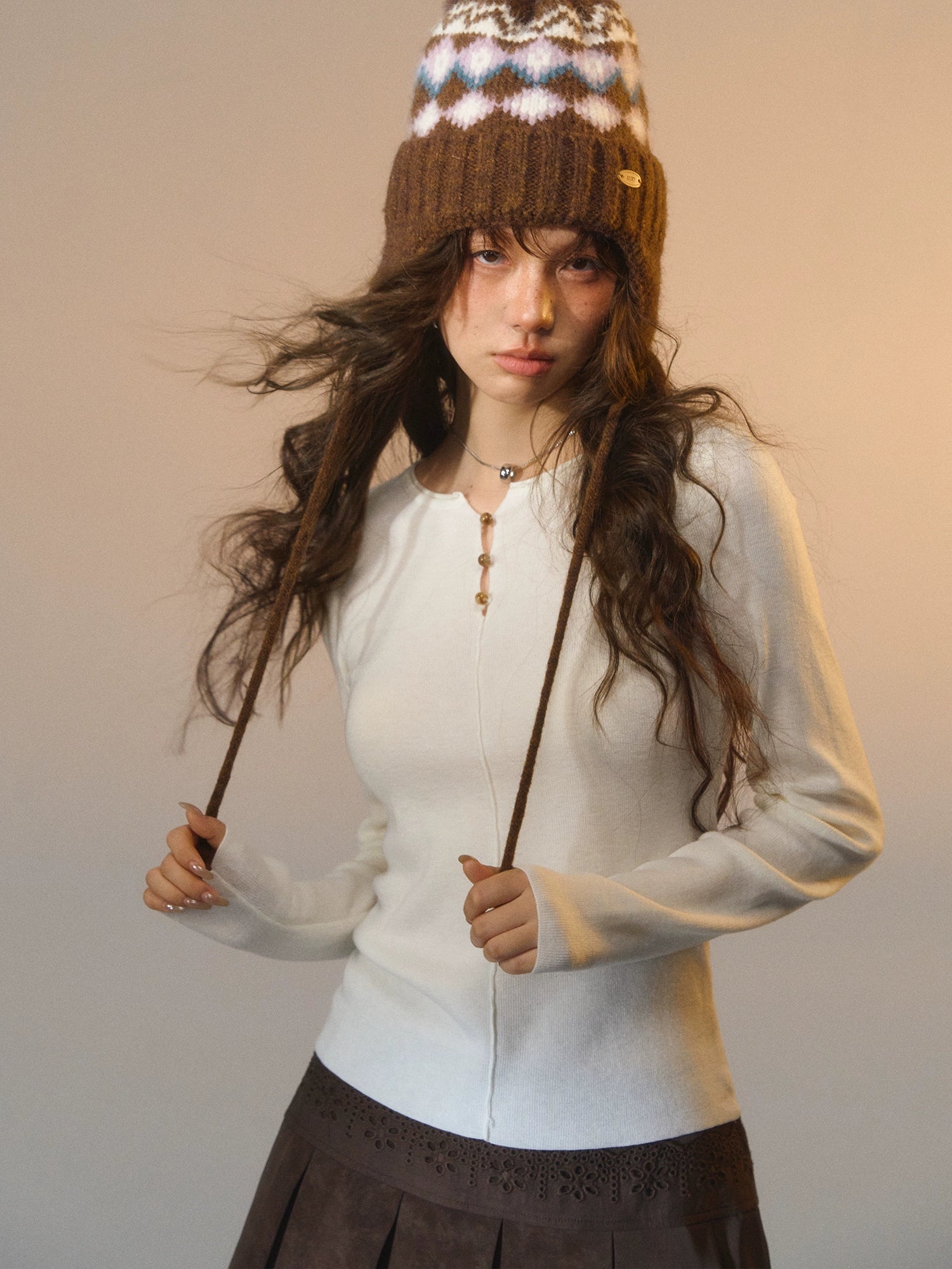 Striped Button-Up Knit Crewneck