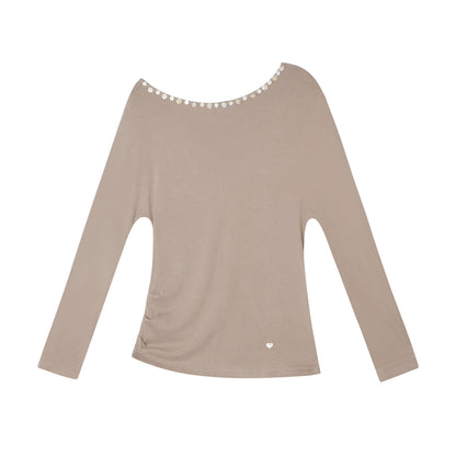 Off-Shoulder Pearl-Button Long-Sleeve T-Shirt
