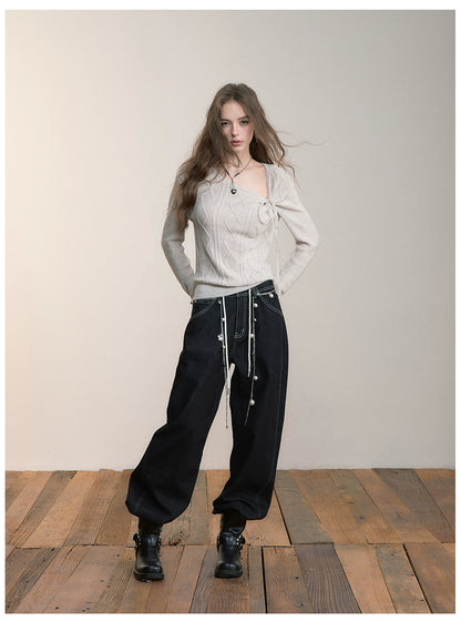 Asymmetrical Tie-Neck Cable Knit Sweater