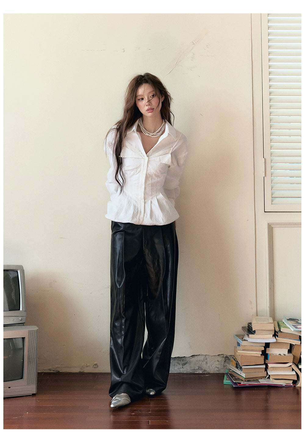 Black Loose-fitting Studded PU Leather Pants