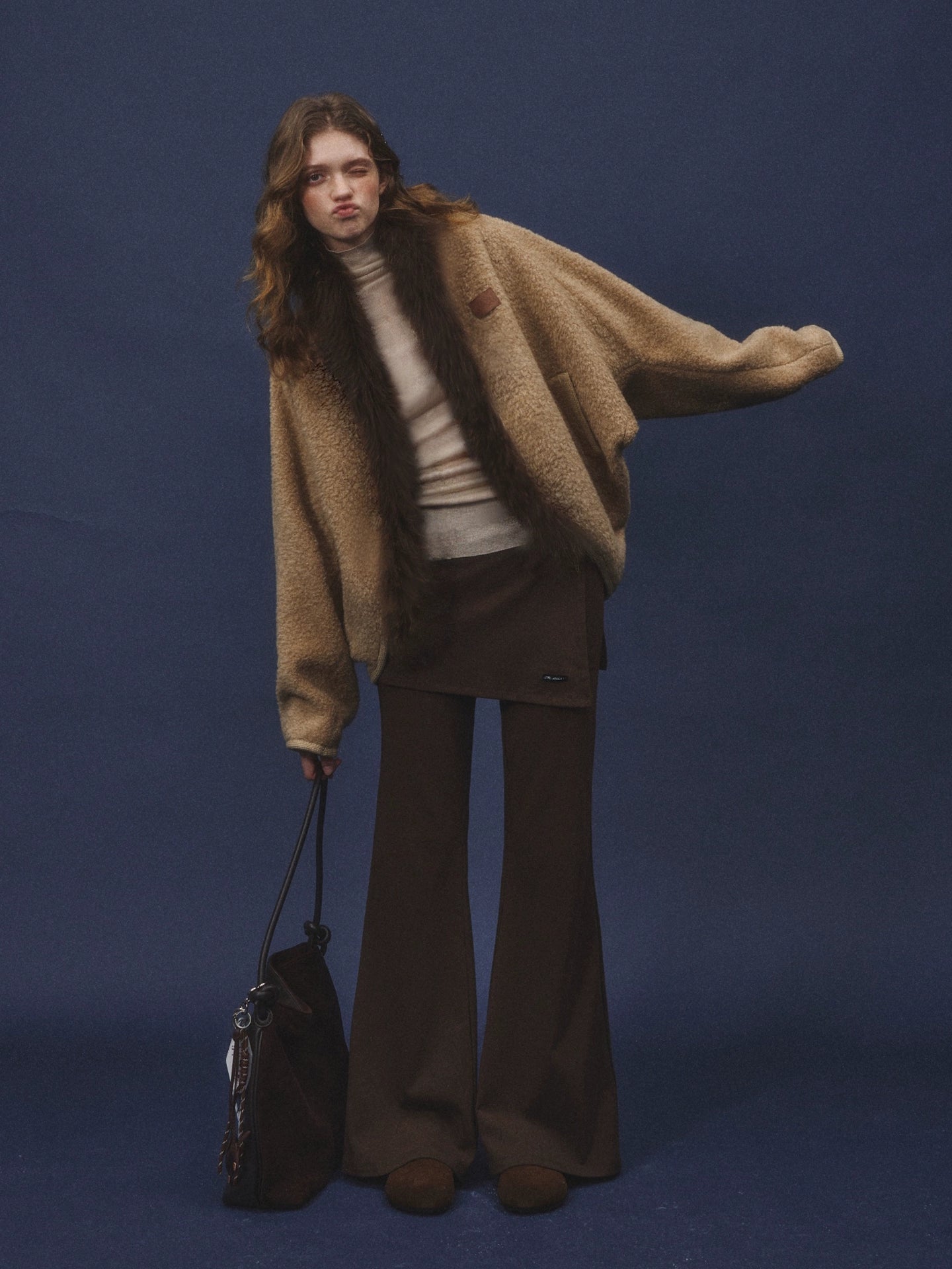 Wool-Blend Fur-Trim Cape Jacket