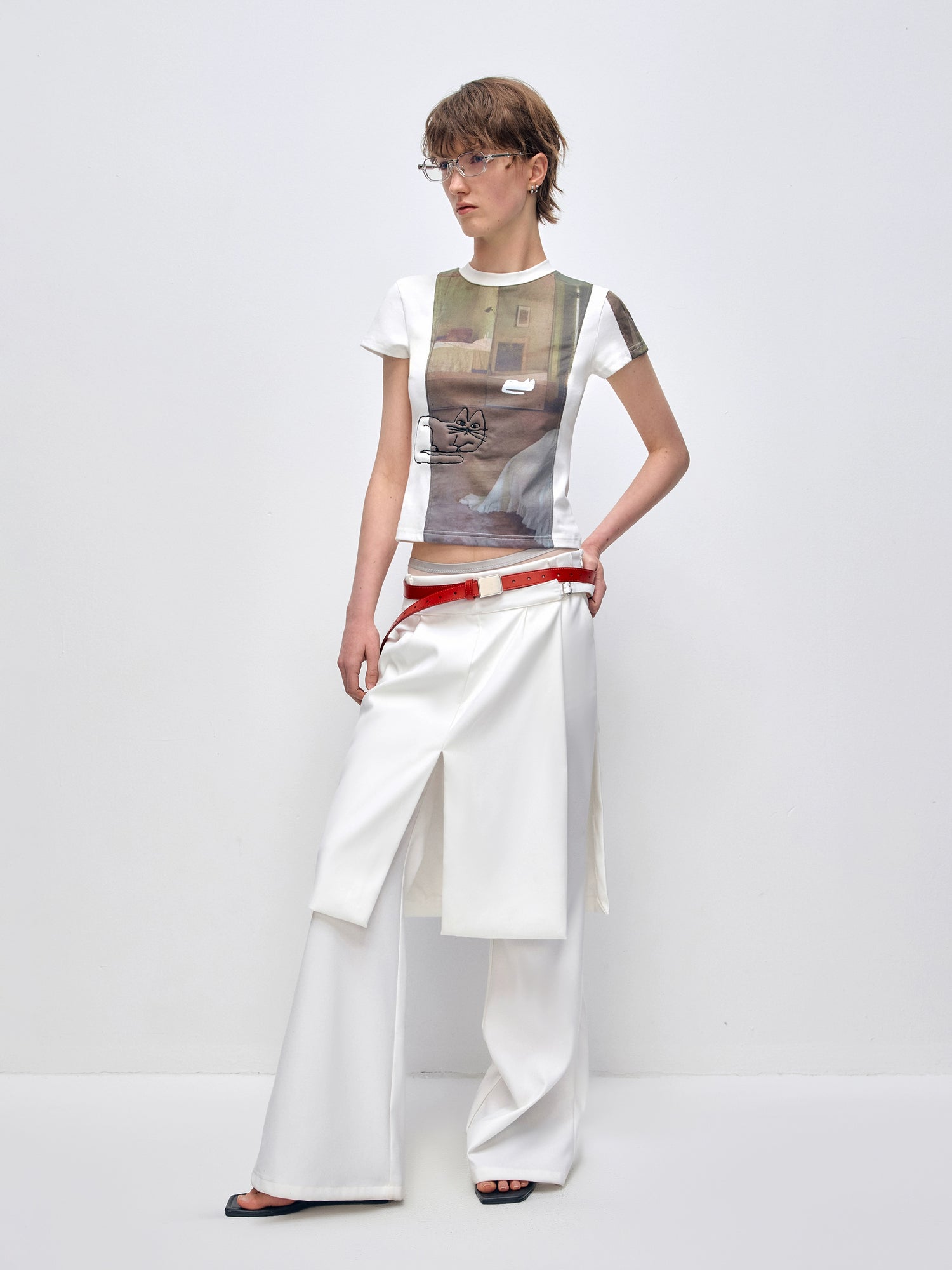 3D Cat Embroidery Shoulder Short Sleeve