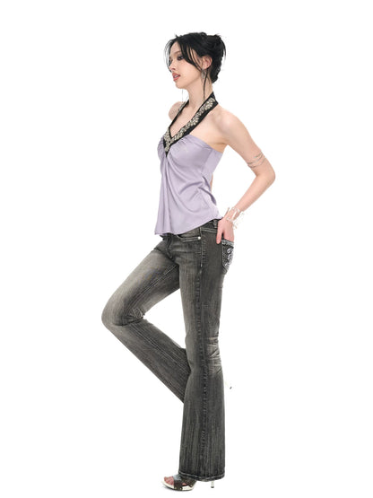 Lilac Satin Sequin Halter Neck Backless Draped Blouse