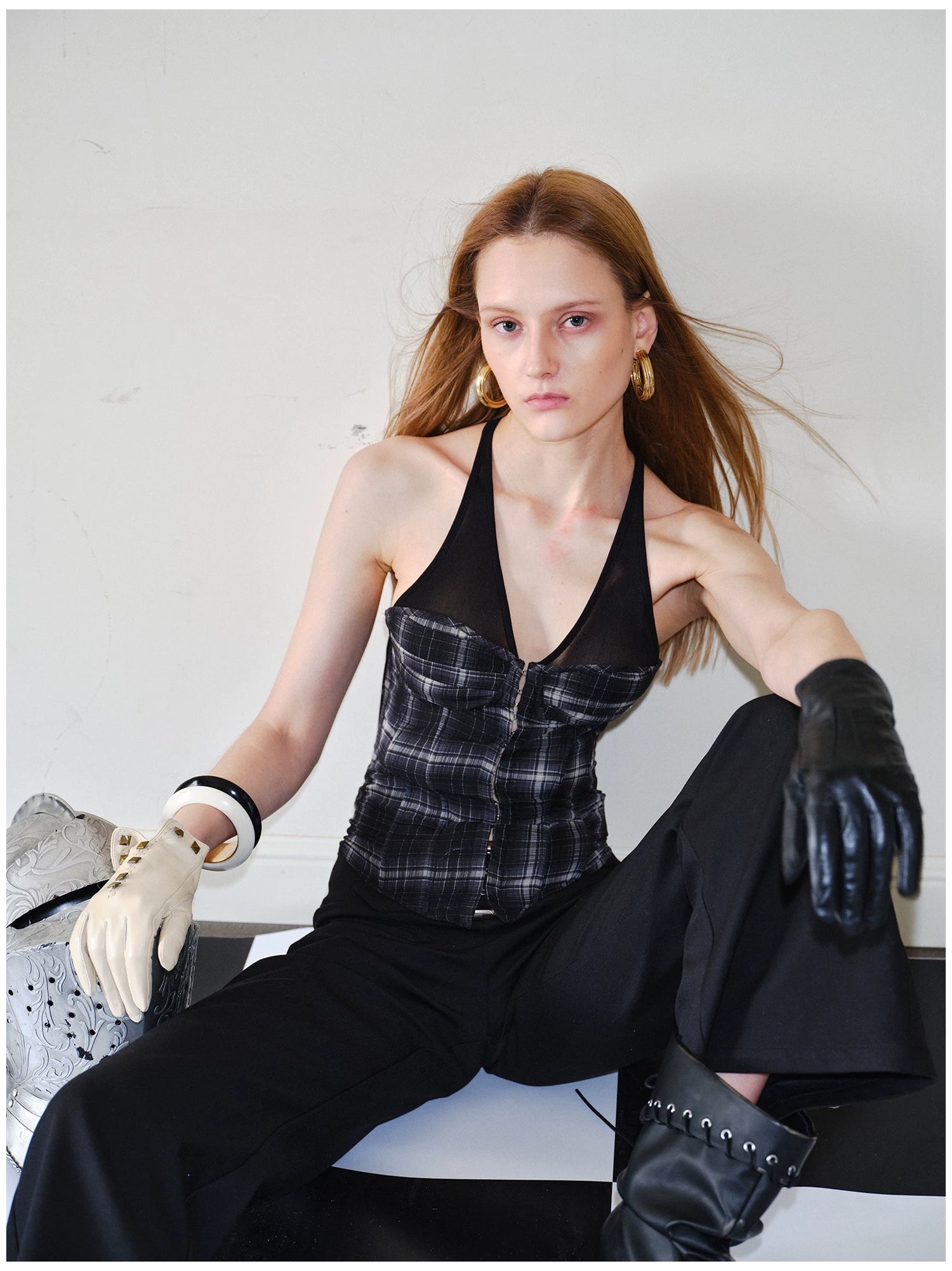 Plaid Mesh Panel Halter Corset