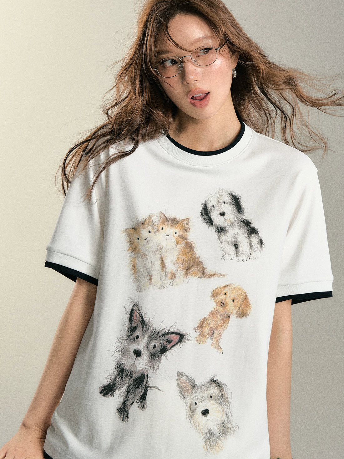 White Dog Illustration Fake Two-piece T-shirt