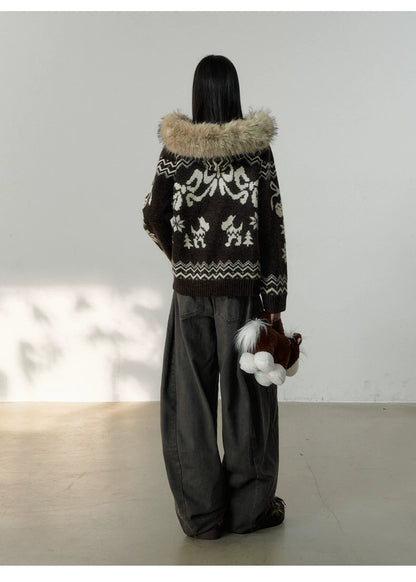 Fair Isle Fur Collar Toggle Buttons Knit Coat