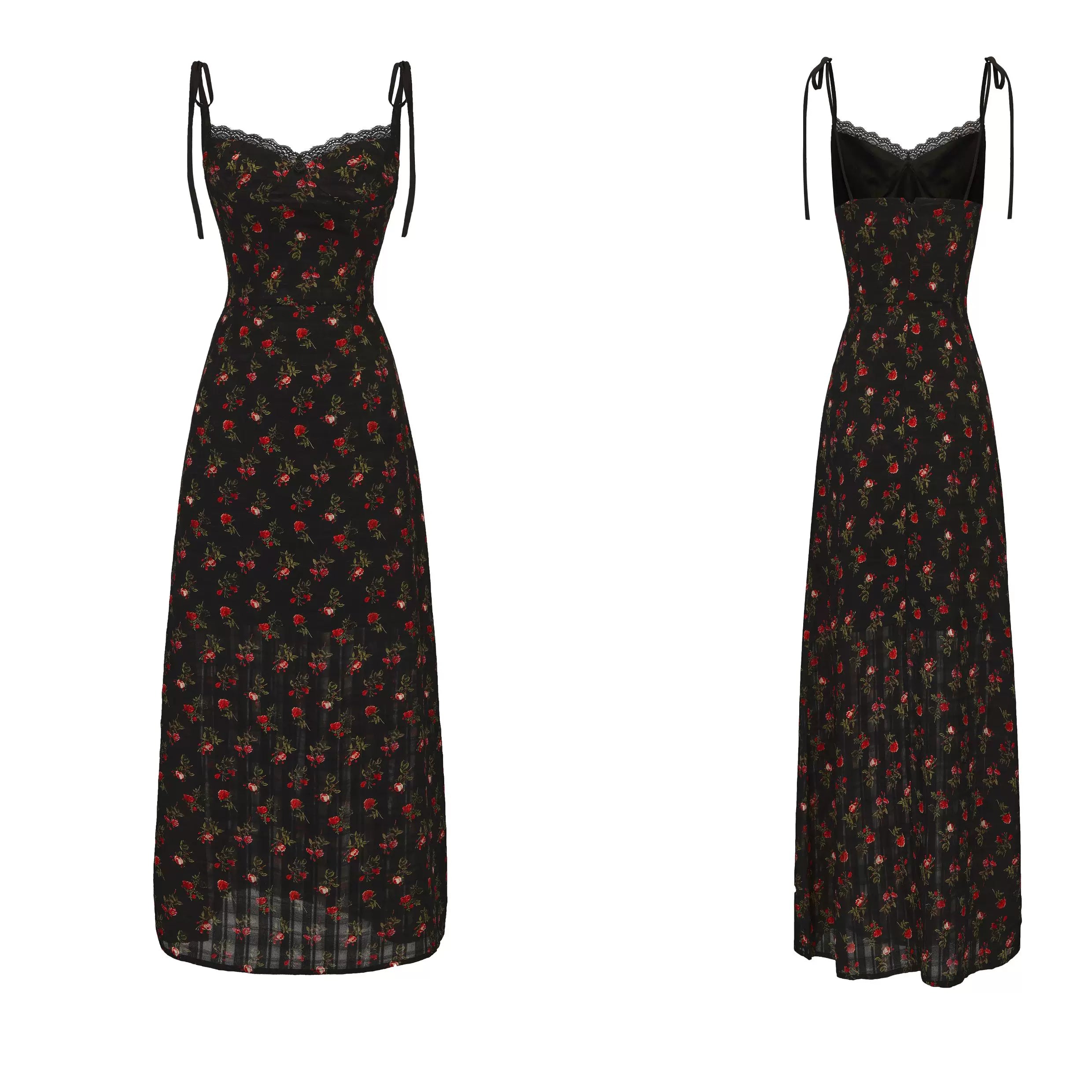 Vintage Floral Tie-Waist A-Line Maxi Dress