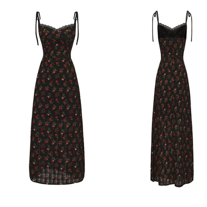 Vintage Floral Tie-Waist A-Line Maxi Dress