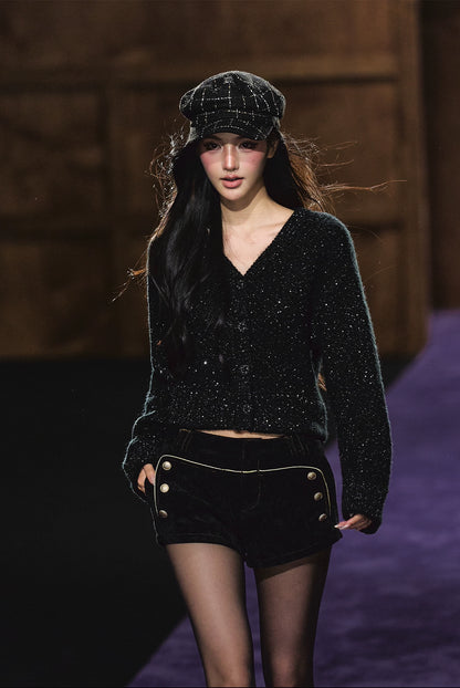 Shimmer V-Neck Sequin Detail Knit Cardigan