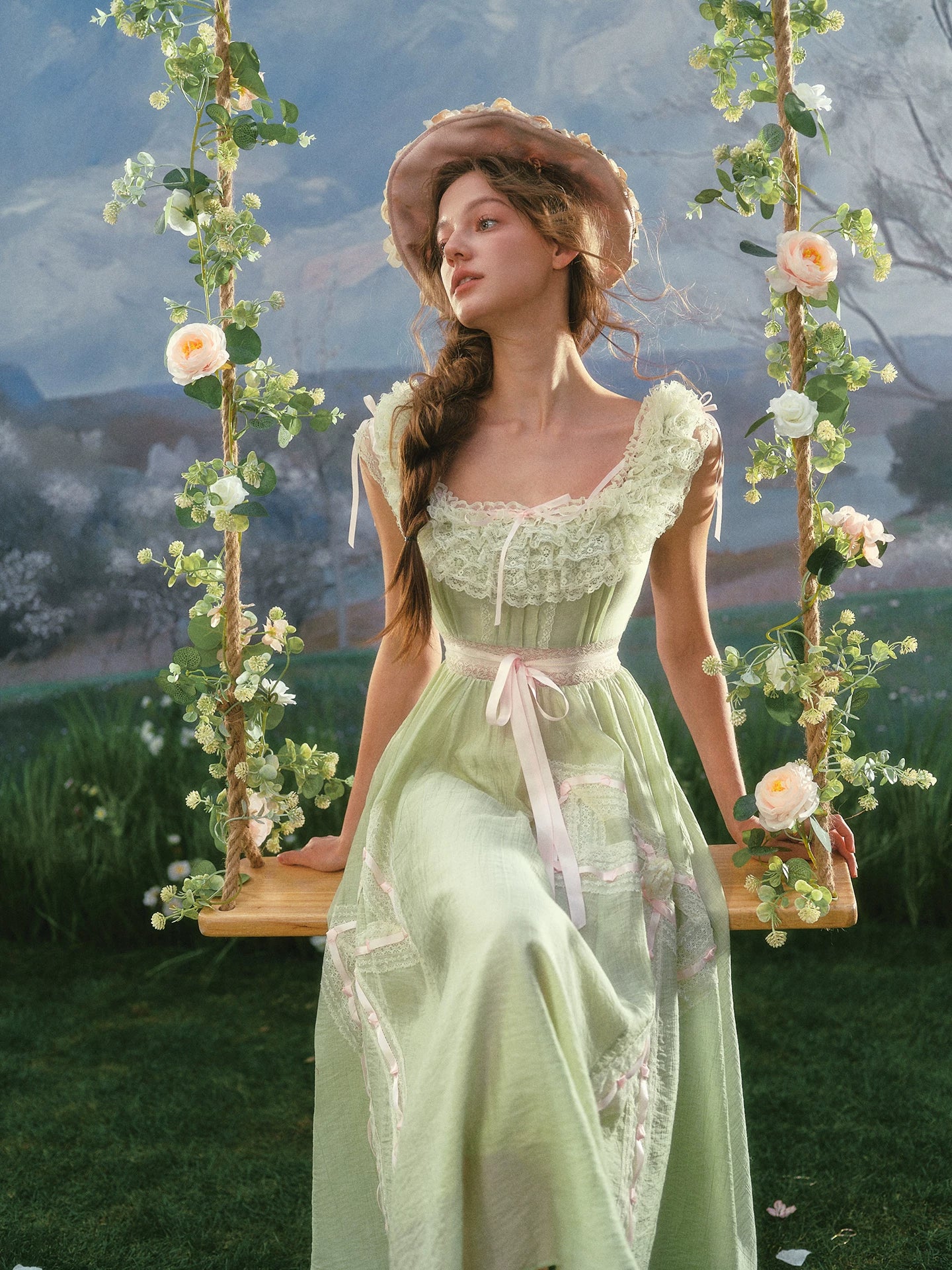 Green Kite Off-Shoulder Lace Fairy Dress