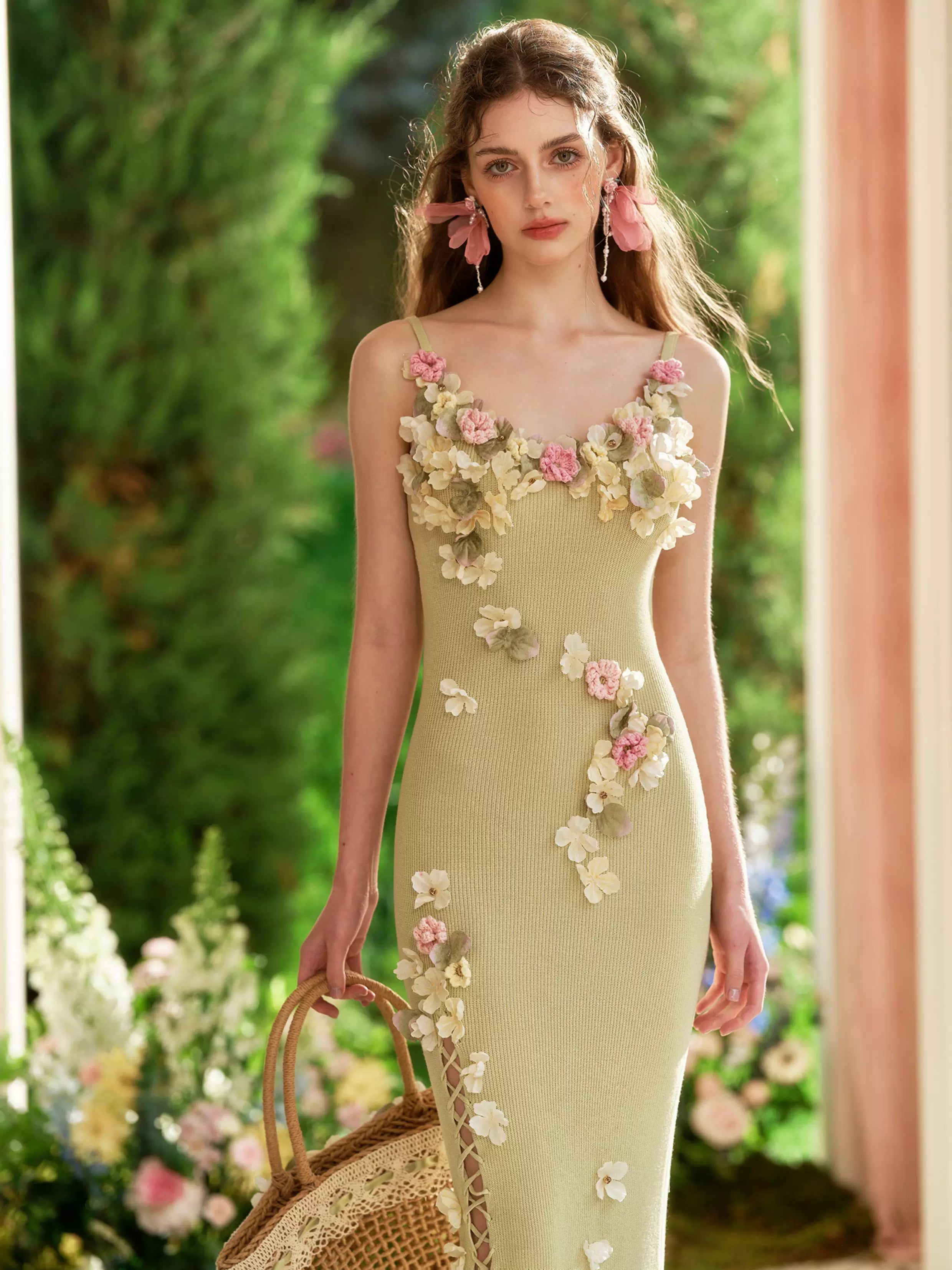 French Couture Floral Knit Split Slip Dress