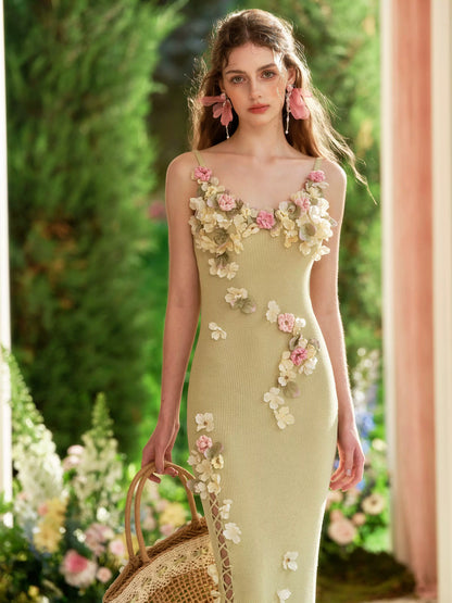 French Couture Floral Knit Split Slip Dress