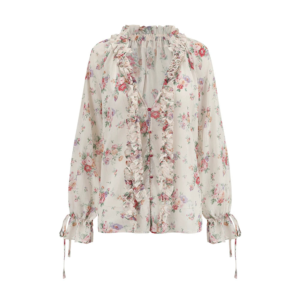 Wisteria Whisper French Romantic Floral Chiffon Shirt