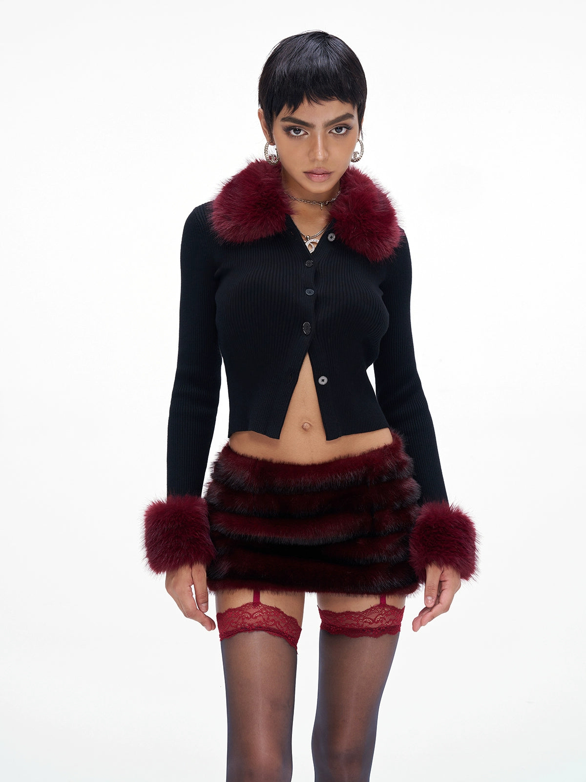 Fur-Collar Knit Cape &amp; Fuzzy Bodycon Skirt Set