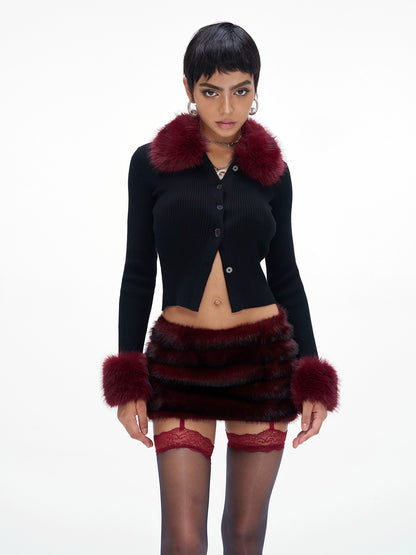 Fur-Collar Knit Cape &amp; Fuzzy Bodycon Skirt Set