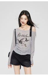 Gray & Beige Hollow Off-shoulder Long Sleeve T-shirt - CHINASQUAD