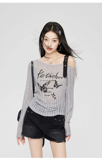 Gray &amp; Beige Hollow Off-shoulder Long Sleeve T-shirt - CHINASQUAD