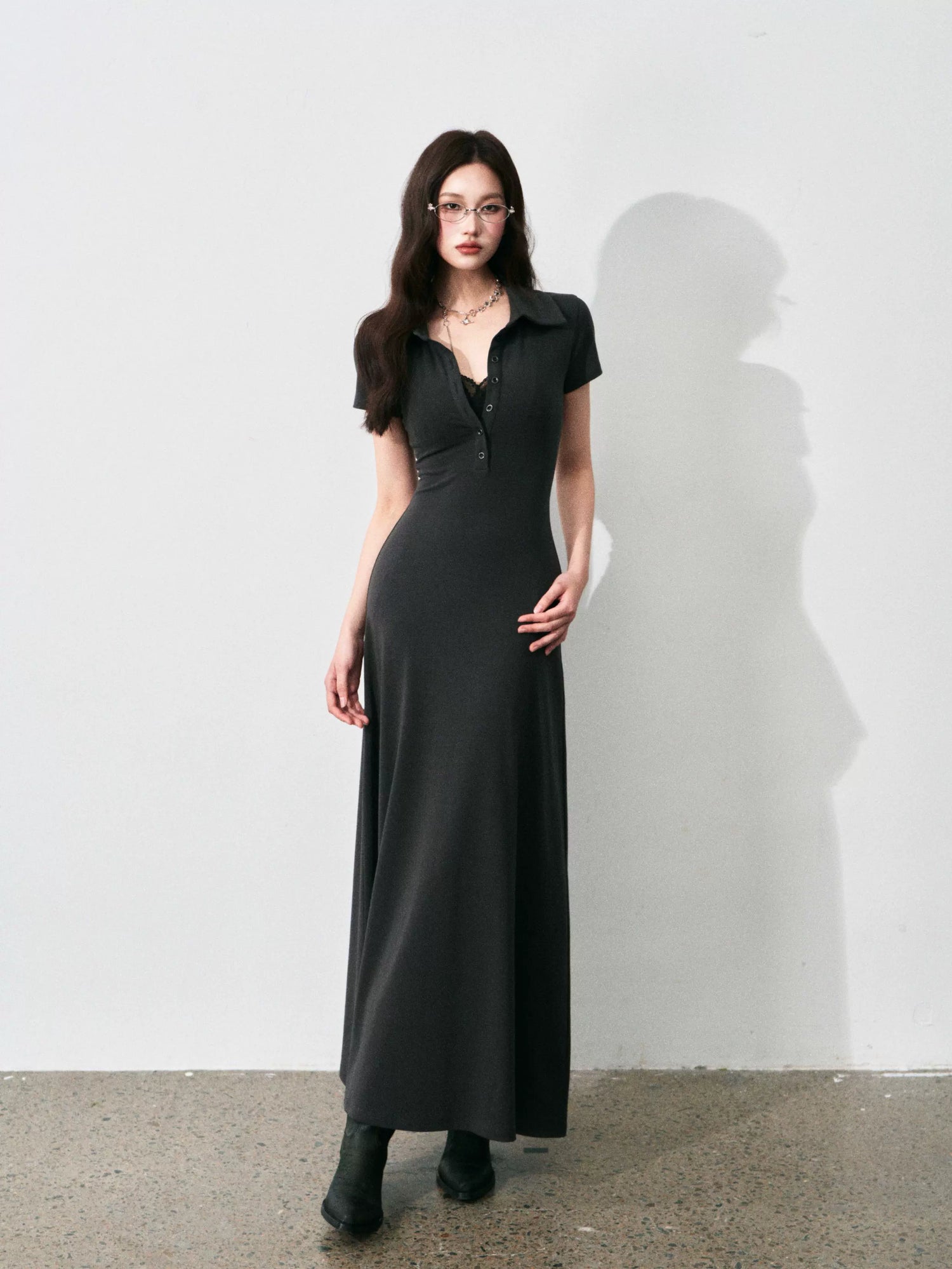 Half-Placket Polo Collar Knit Maxi Dress