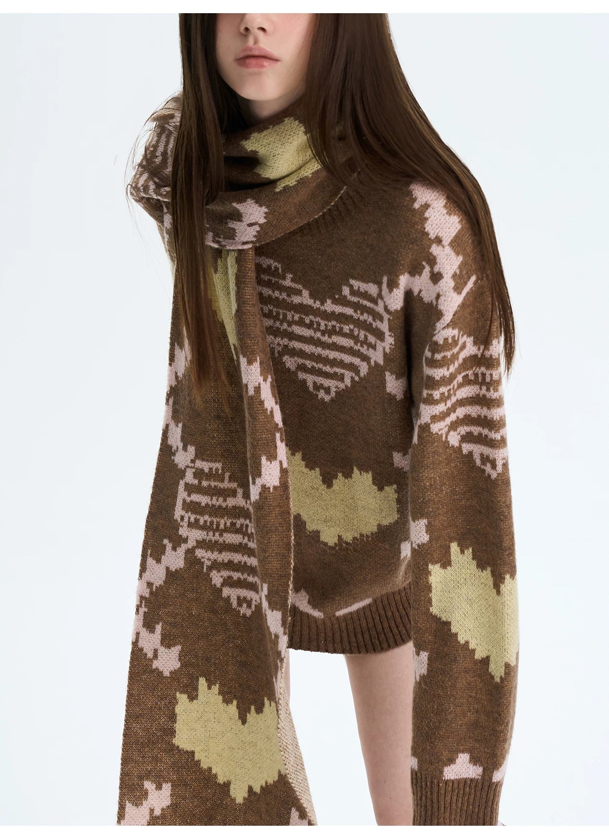 Retro Pixel Jacquard Knit Sweater &amp; Scarf Set