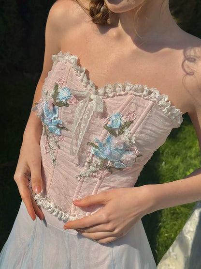 Blue Lily Strapless Corset Top &amp; Mesh Skirt Set
