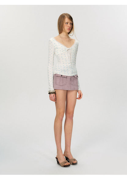 Twist-Front Mesh Panel Slim Fit Long Sleeve Top