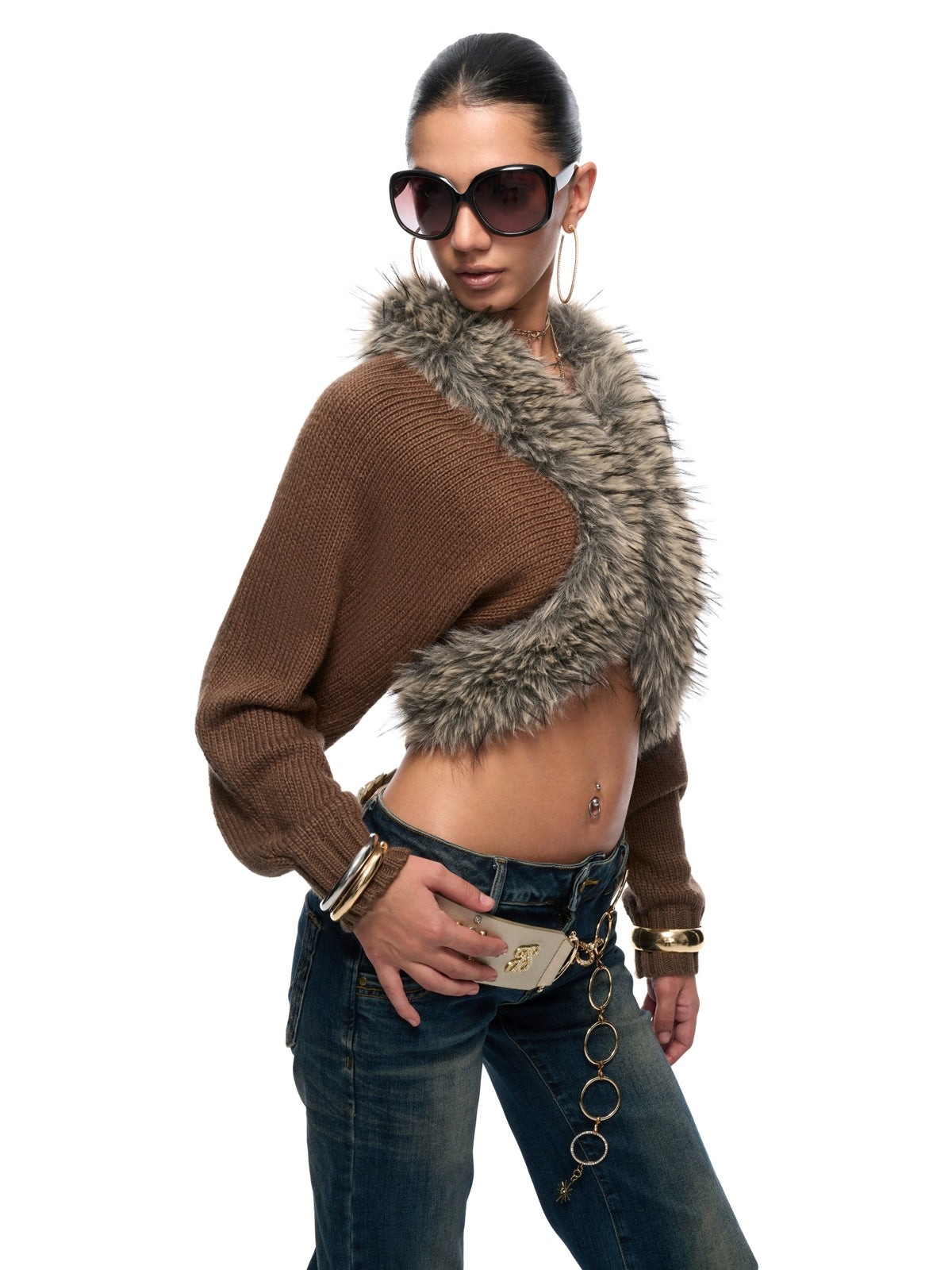 Faux-Fur Collar Cropped Knit Cardigan