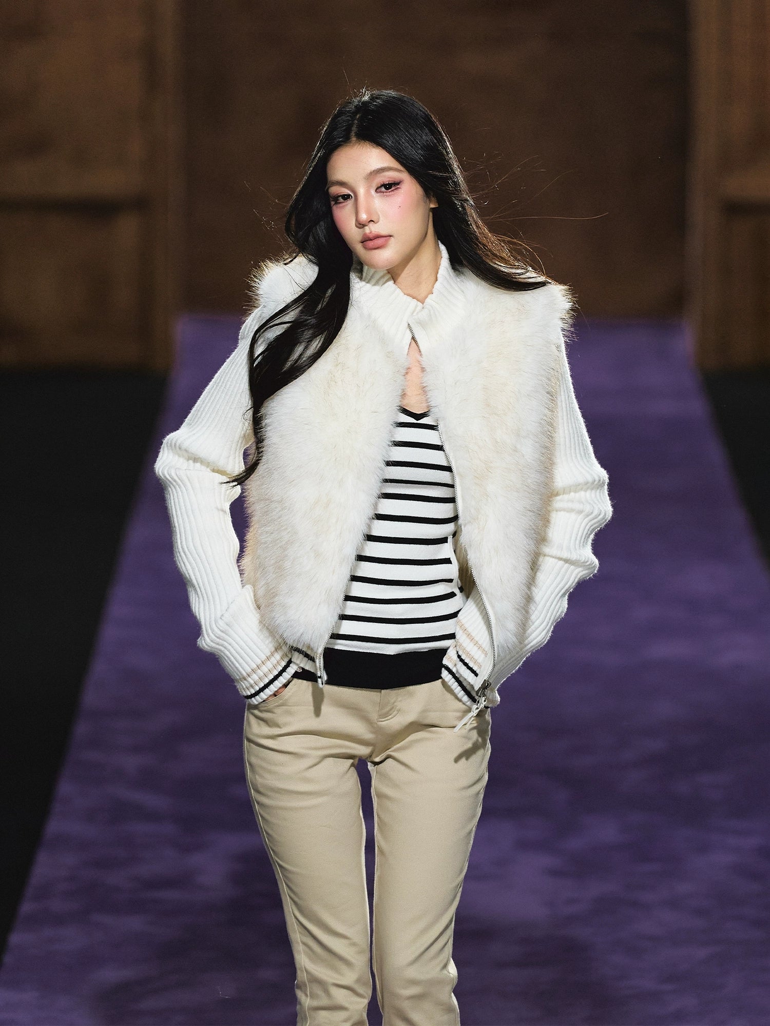 Faux Fur Knit-Panel Two-in-One Cardigan