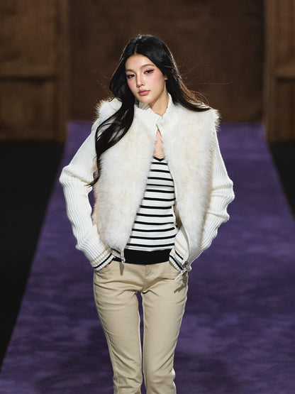 Faux Fur Knit-Panel Two-in-One Cardigan