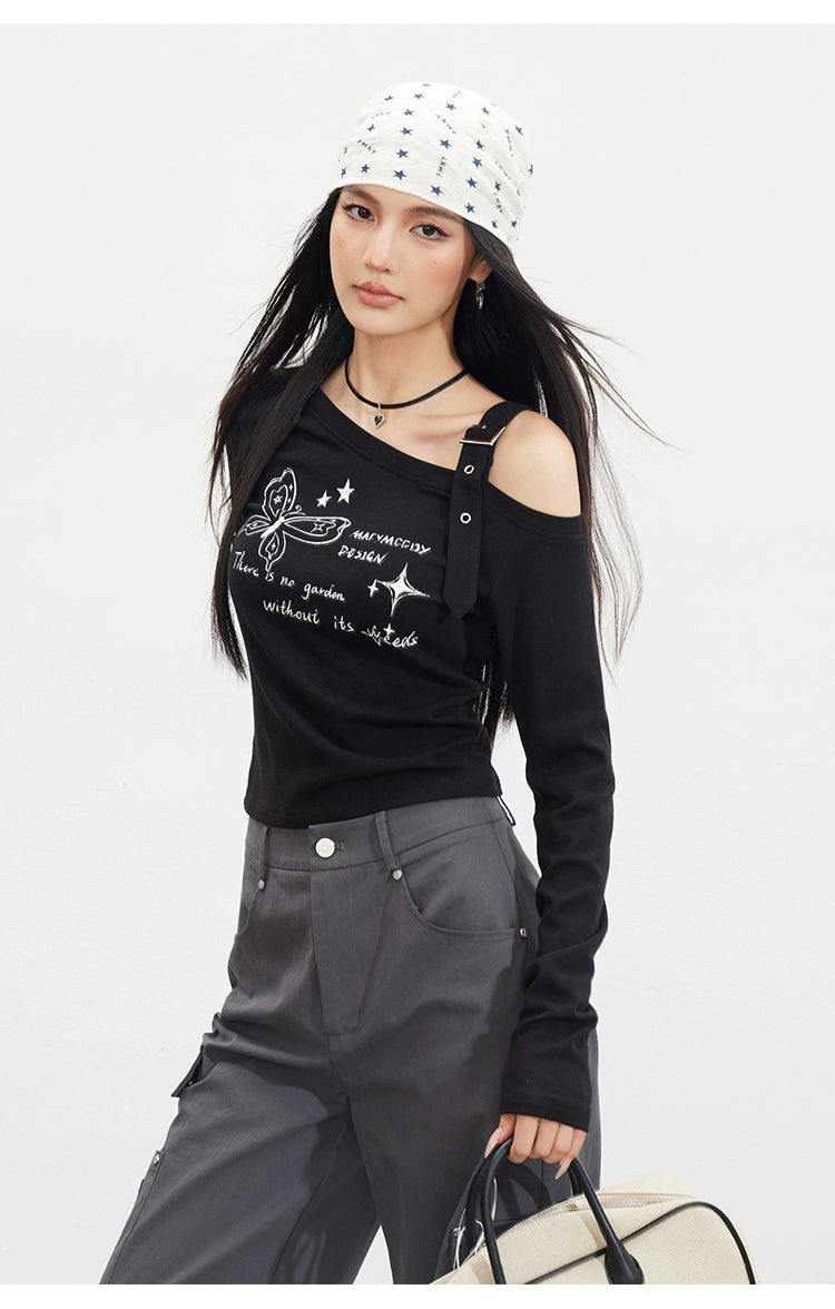 Butterfly Cold-Shoulder Long-Sleeve T-shirt