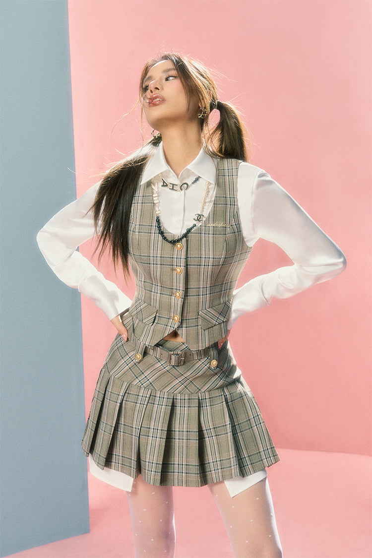 Vintage College Vest &amp; Pleated Skirt Set - CHINASQUAD