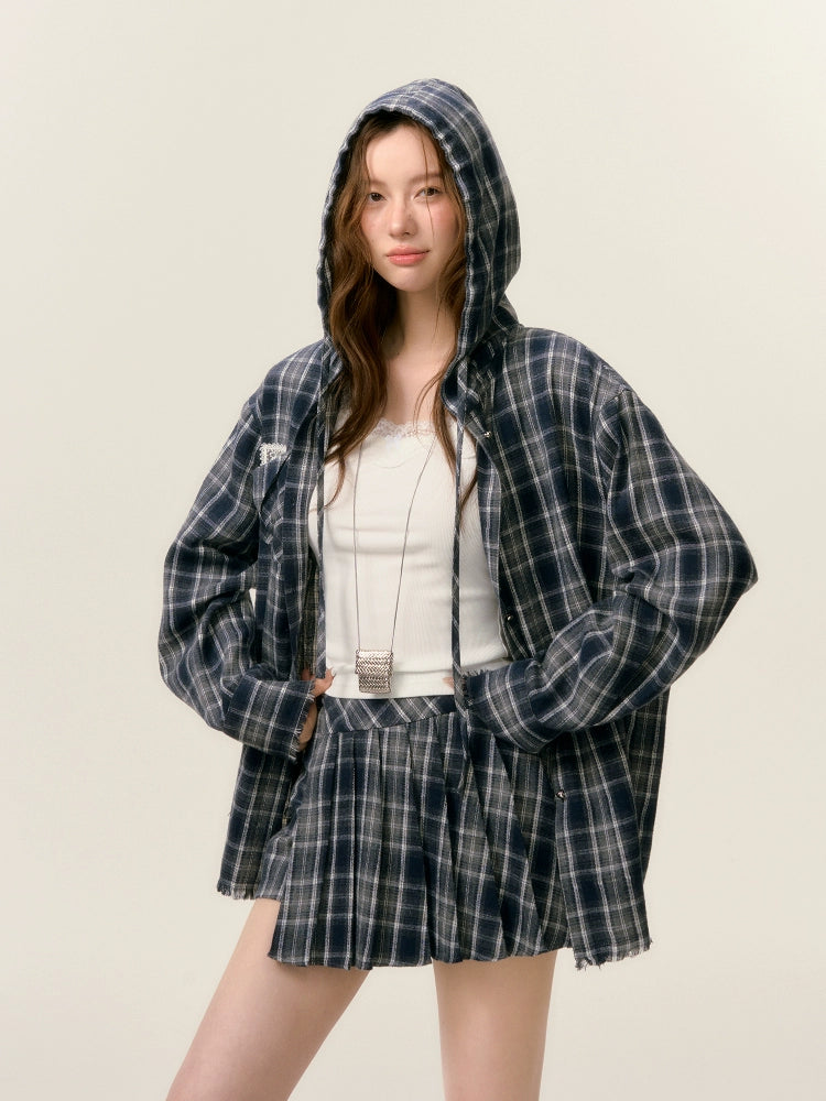 Plaid Hooded Long Sleeve Shirt &amp; Skirt Set