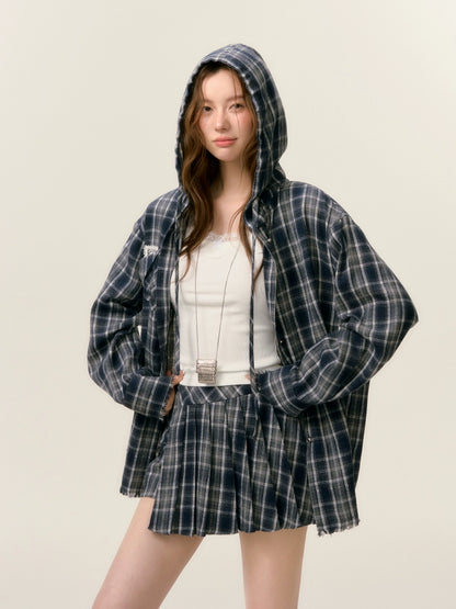 Plaid Hooded Long Sleeve Shirt &amp; Skirt Set
