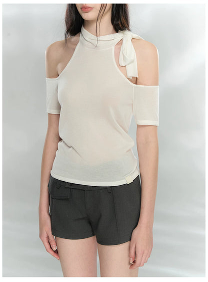 Off-Shoulder Patchwork Knit Cropped T-Shirt
