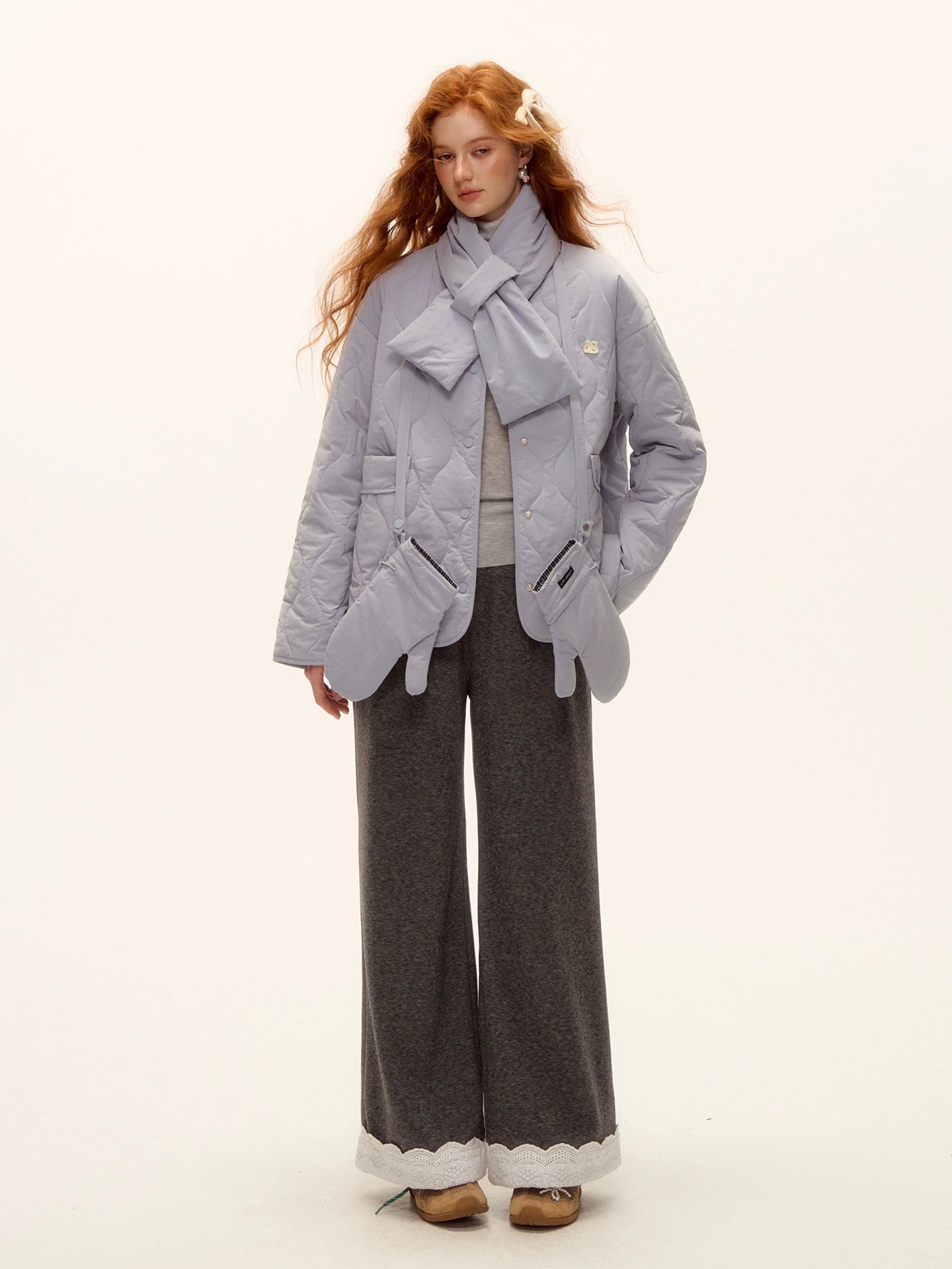 Embroidered Hem Wool Blend Wide-Leg Trousers