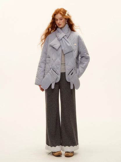 Embroidered Hem Wool Blend Wide-Leg Trousers