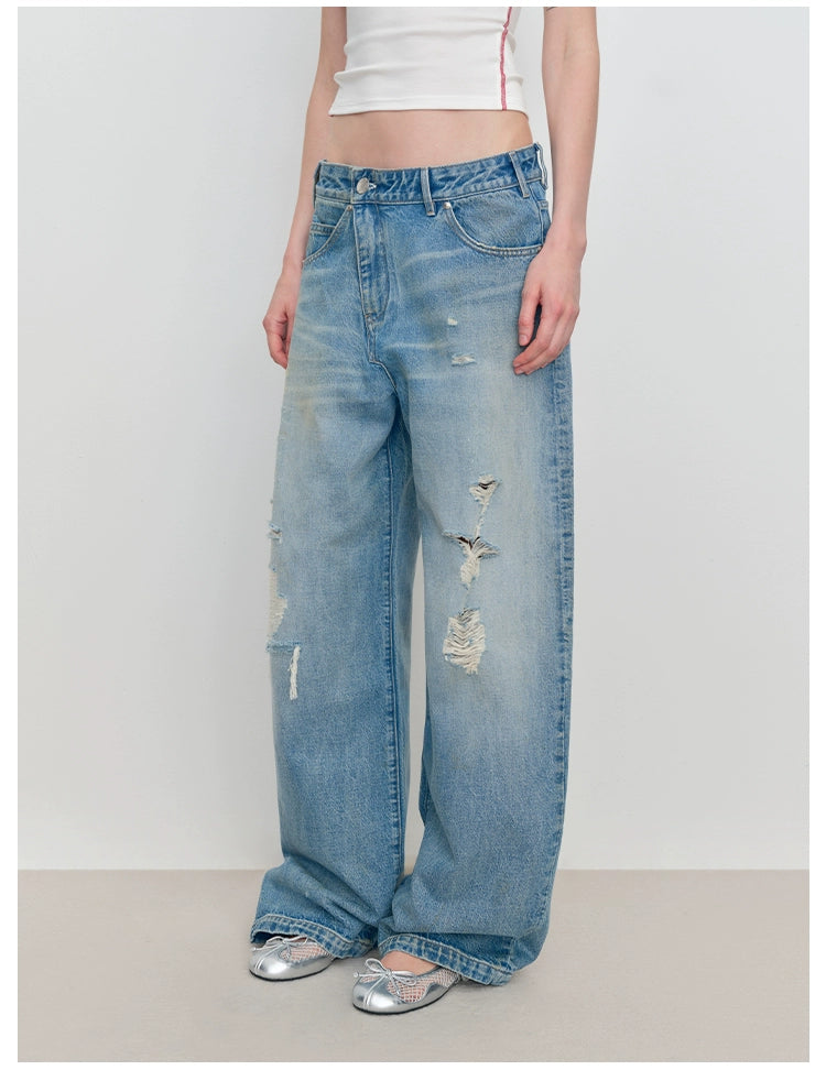 Light Blue Ripped Low-Rise Jeans - CHINASQUAD