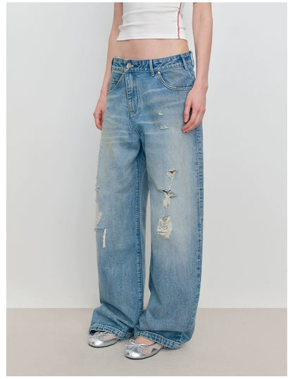 Light Blue Ripped Low-Rise Jeans - CHINASQUAD