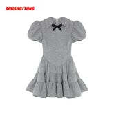 Black & Grey Bow Tie Puff Sleeves Mini Dress - CHINASQUAD