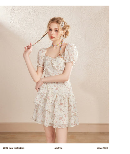 White Floral Puff Sleeve U-neck Dress